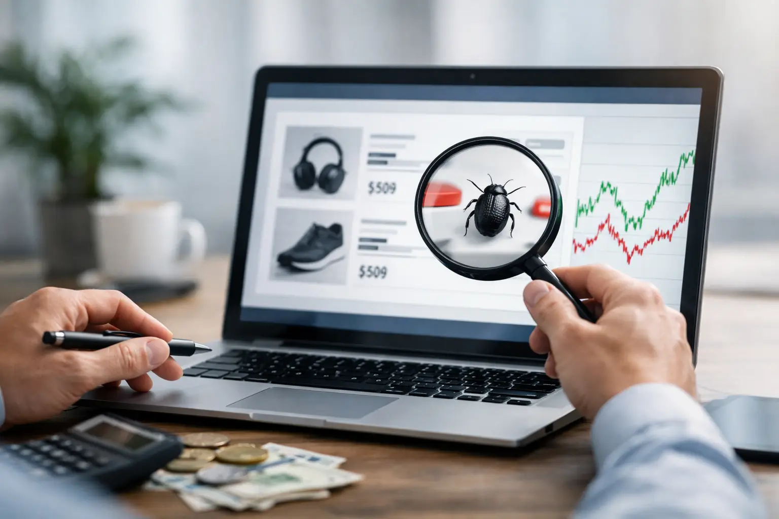 Bug de preço sendo investigado com lupa sobre uma loja online, ao lado de um gráfico de preços