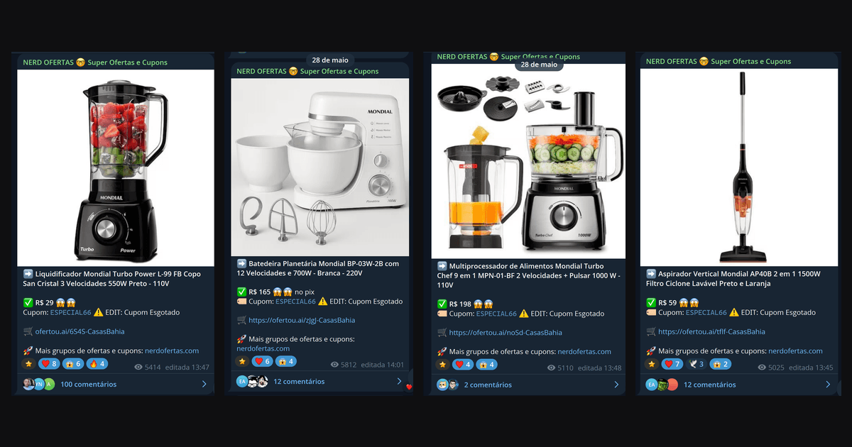 Prints dos canais do Nerd Ofertas com as ofertas do cupom ESPECIAL66 da Casas Bahia: liquidificador por R$ 29, batedeira por R$ 165, multiprocessador por R$ 198 e aspirador por R$ 59