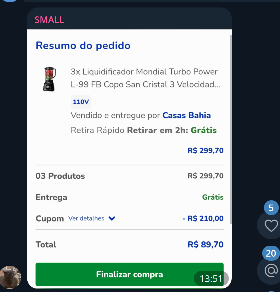 Carrinho com 3 liquidificadores por R$ 89,70 no total usando o cupom acumulável