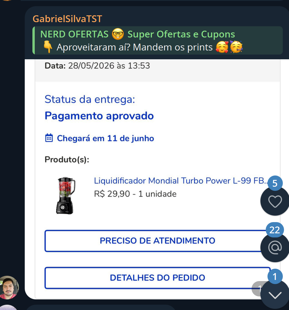 Outro pedido aprovado do liquidificador por R$ 29,90 nos grupos do Nerd Ofertas