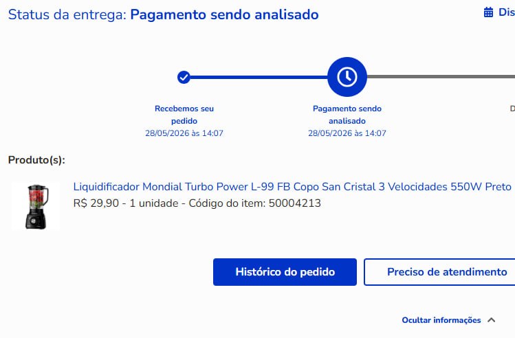 Pedido confirmado do Liquidificador Mondial por R$ 29,90, com entrega prevista para junho