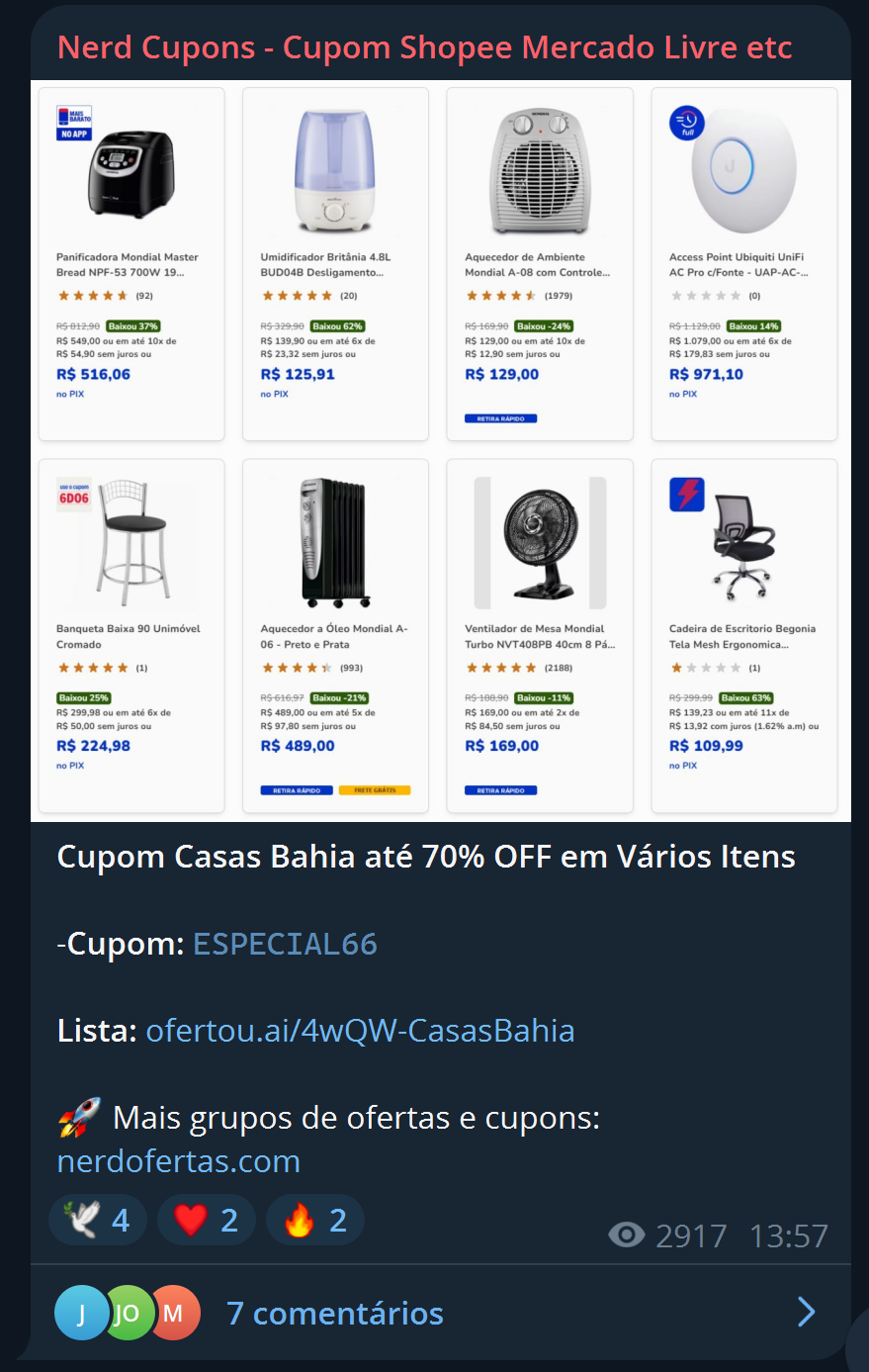 Postagem do Nerd Ofertas anunciando o cupom ESPECIAL66 da Casas Bahia com até 70% OFF em vários itens