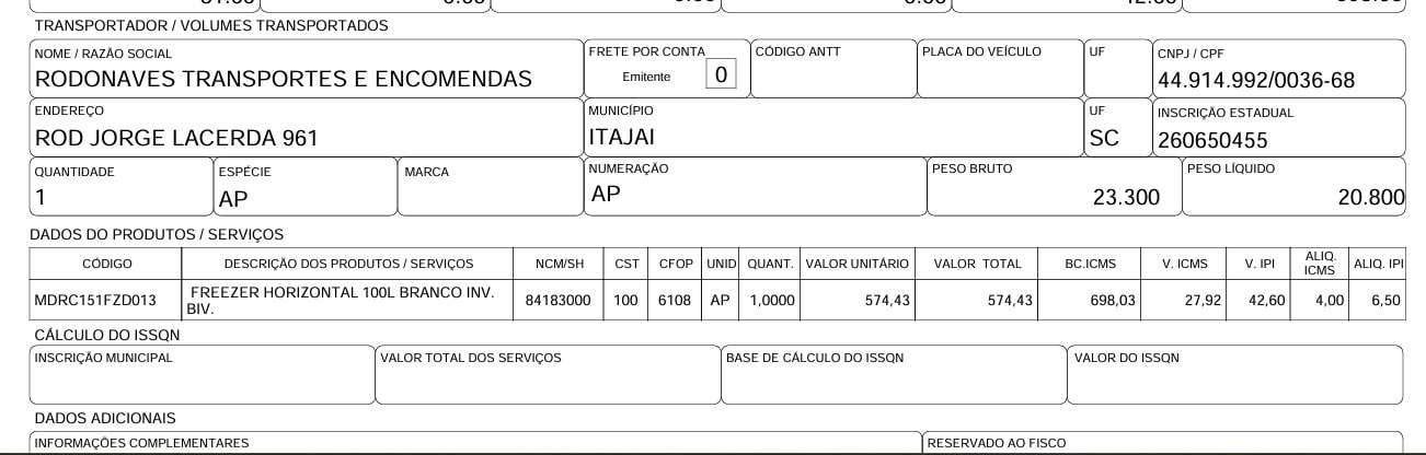 Nota fiscal (NF-e) do Freezer Horizontal 100L Branco Midea por R$ 574,43, transportadora Rodonaves