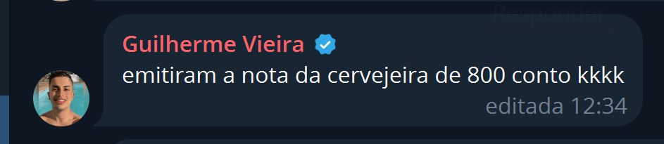 Membro Guilherme Vieira comentando que emitiram a nota fiscal da cervejeira Midea