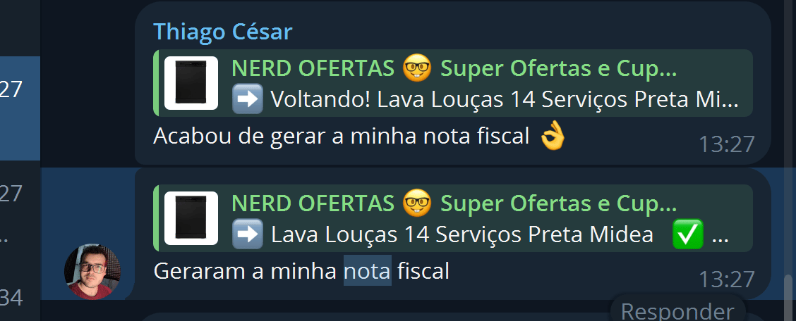 Membros confirmando que geraram a nota fiscal da lava-louças Midea