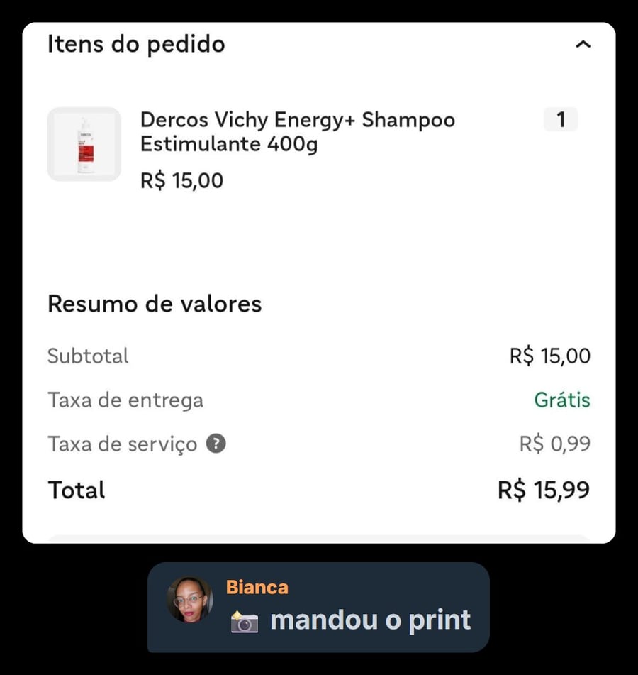 Pedido do shampoo Dercos por R$ 15 no iFood