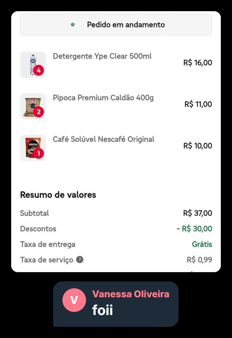 Pedido no iFood com R$ 30 de desconto do cupom