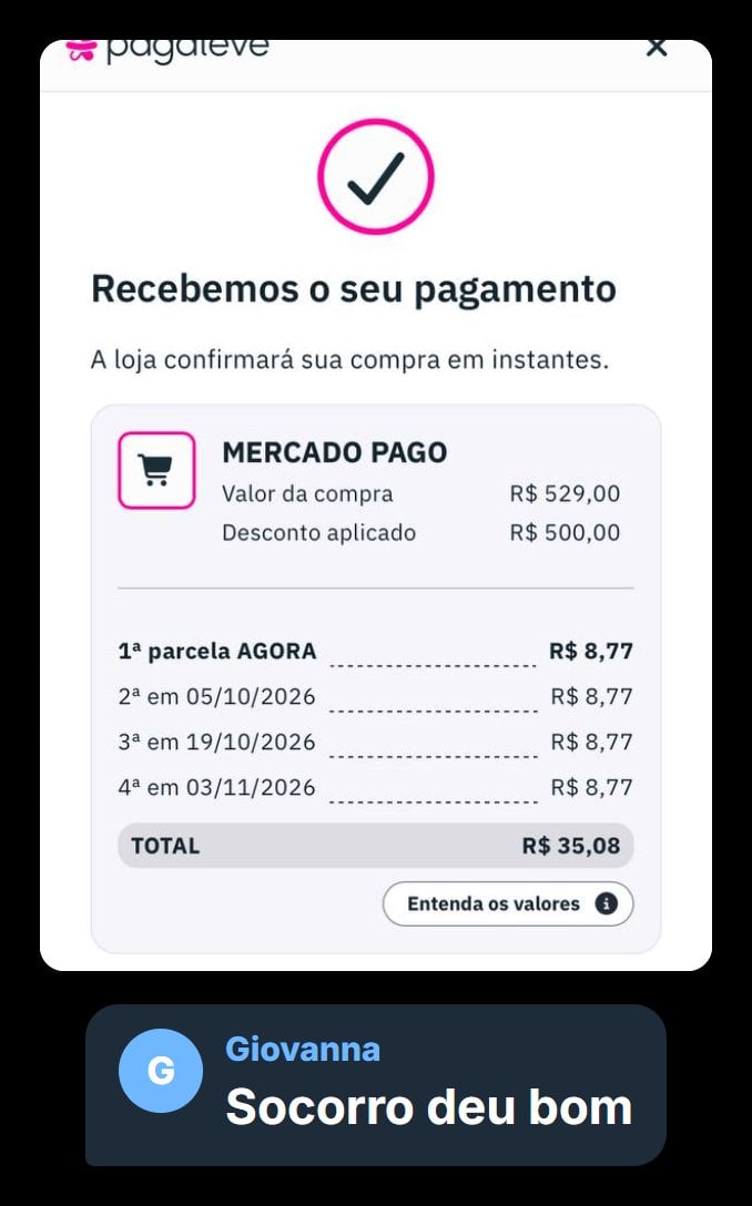 Comprovante da PagaLeve com desconto de R$ 500 aplicado