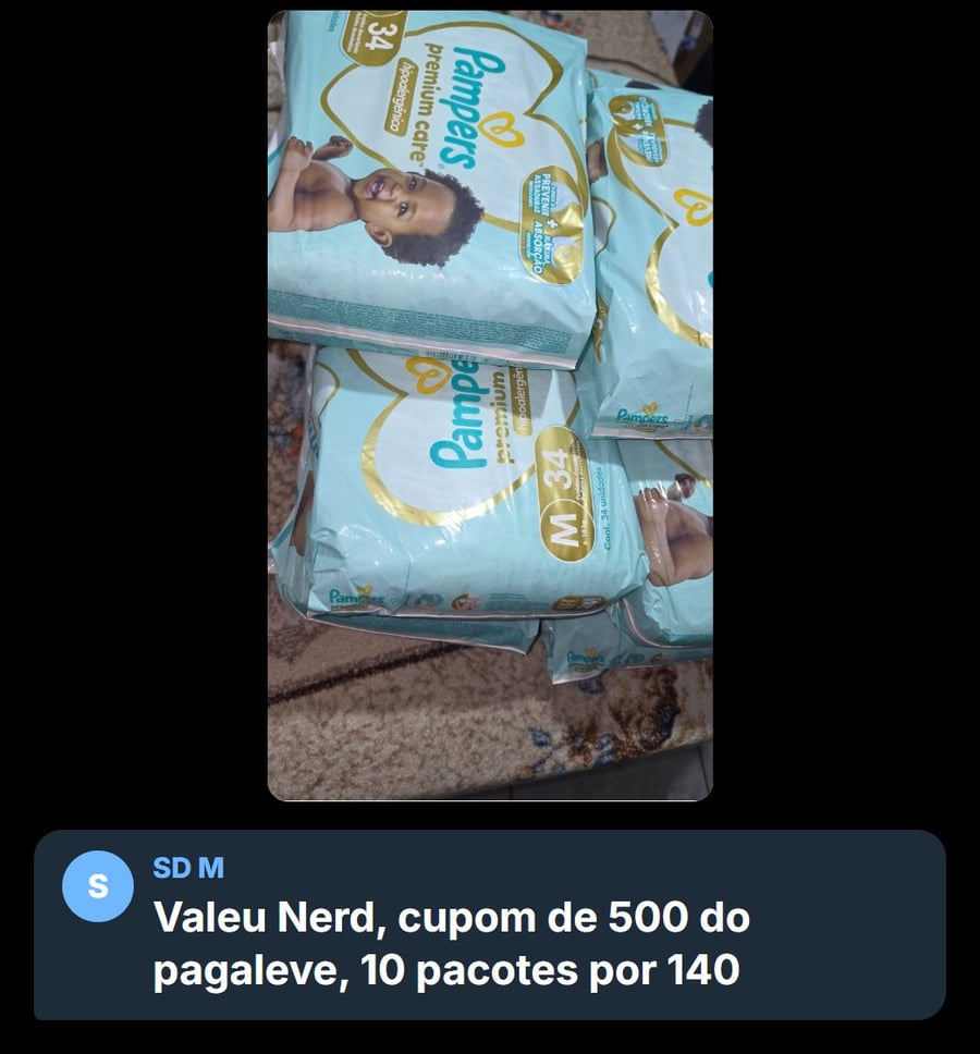 Dez pacotes de fralda comprados com o cupom de R$ 500 da PagaLeve