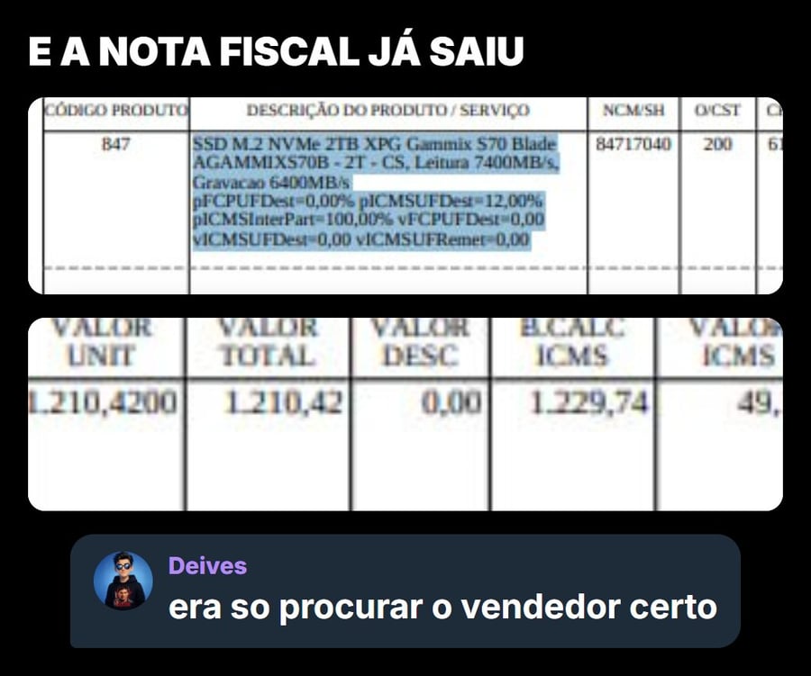 Nota fiscal do SSD XPG S70 Blade de 2 TB