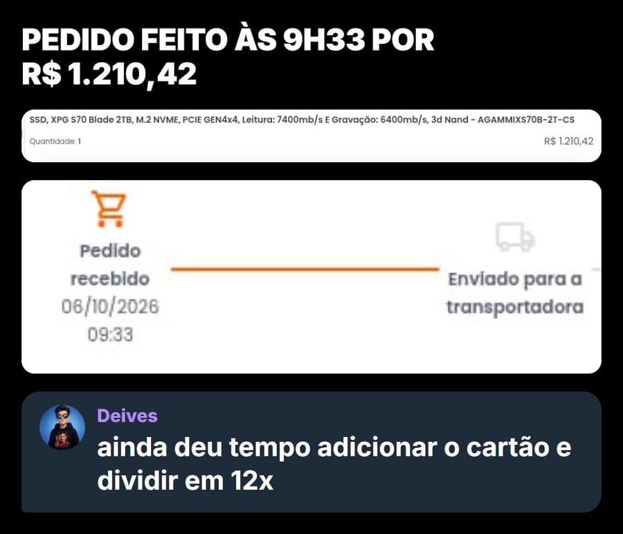 Pedido do SSD XPG S70 Blade de 2 TB feito às 9h33 por R$ 1.210